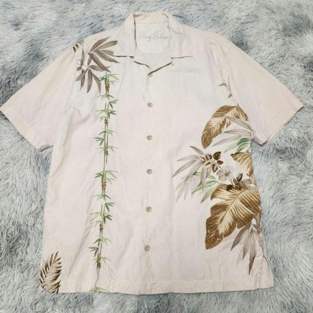 Vintage Tommy Bahama MEN'S SIZE XL CREAM BAMBOO Short Sleeve Button Up